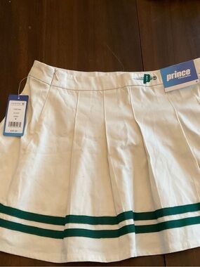 Prince White Pleated Skirt with Green Double Stripe Trim